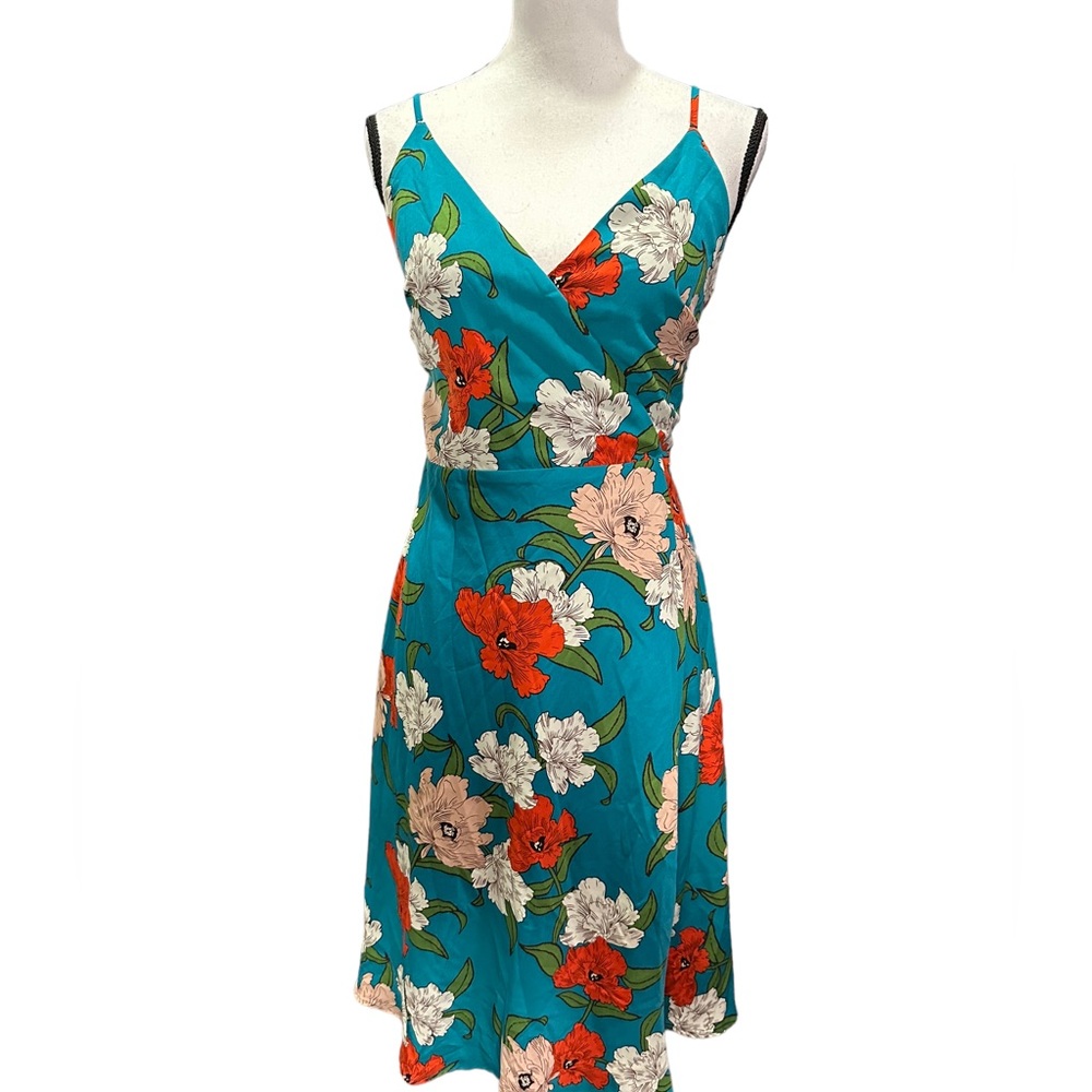 Lulu’s Wrap Country Club Teal Blue Floral Print Dress Size Medium New w Tags